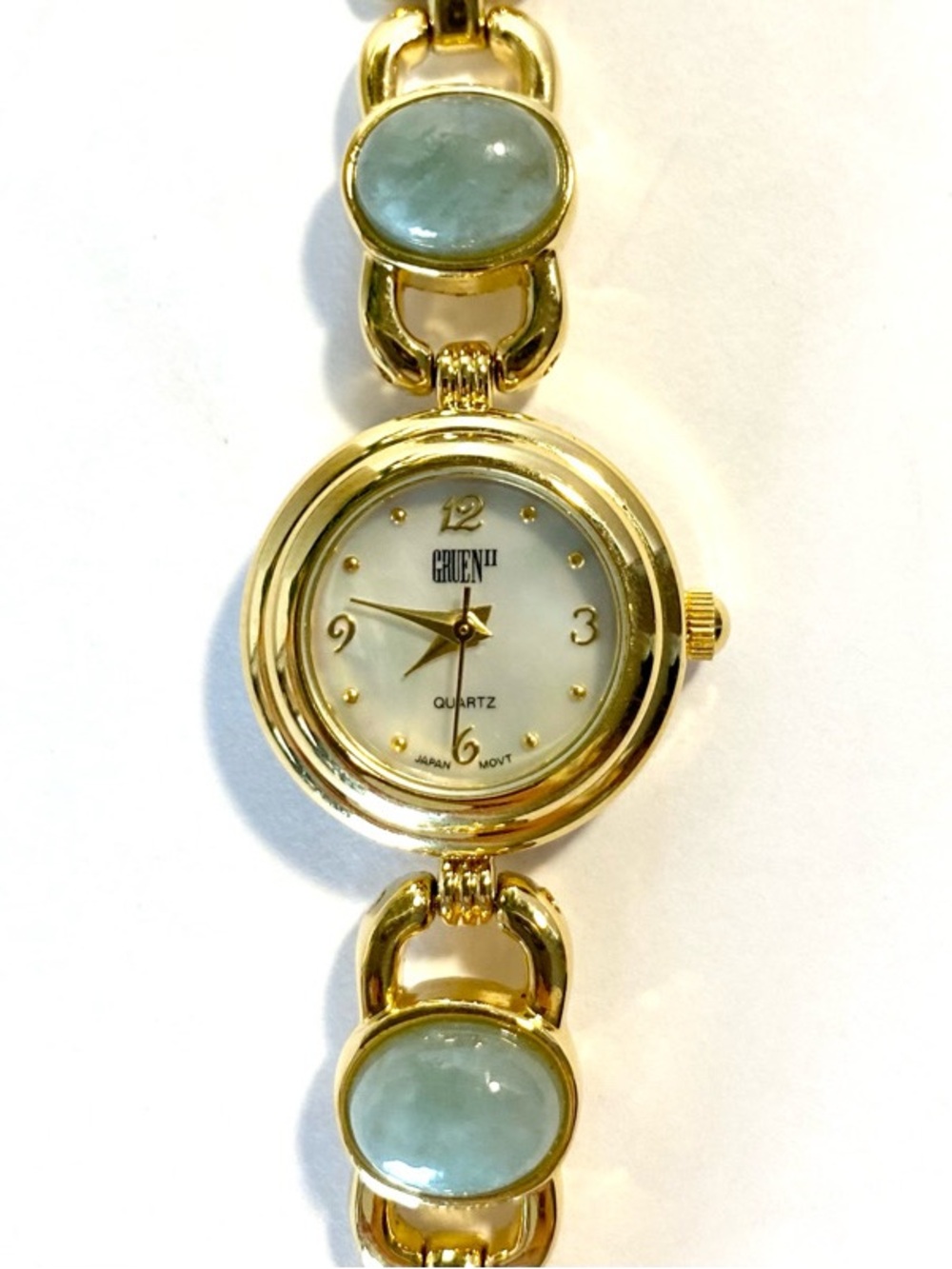 Gruen II Gold tone watch mother of pearl face Crystal Y2K